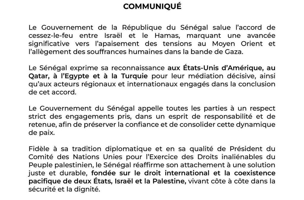 Communiqué du Gouvernement du Sénégal sur l’accord entre Israël et le Hamas