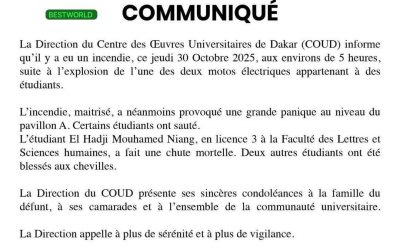 La Direction du Centre des Œuvres Universitaires de Dakar (COUD) informe qu&rsquo;il y a eu un incendie, ce jeudi 30 Octobre 2025, aux environs de 5 heures, suite à l&rsquo;explosion de l&rsquo;une des deux motos électriques appartenant à des étudiants.